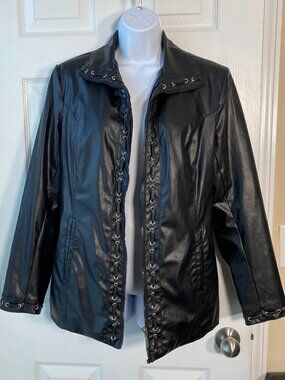 Cato | Black Faux Leather Grommet Lace-Up Zip Jacket | Size S